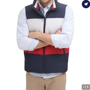 Tommy Hilfiger Mens Quilted Stand
Collar Vest Red White and Blue Zip Up Puffer